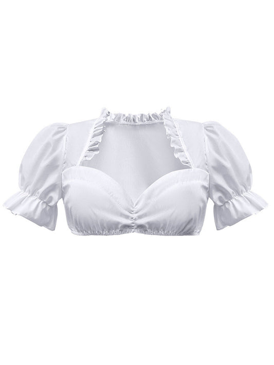 Weiß 1950er Solide Oktoberfest Herzförmiger Hals Puffärmel Crop Top