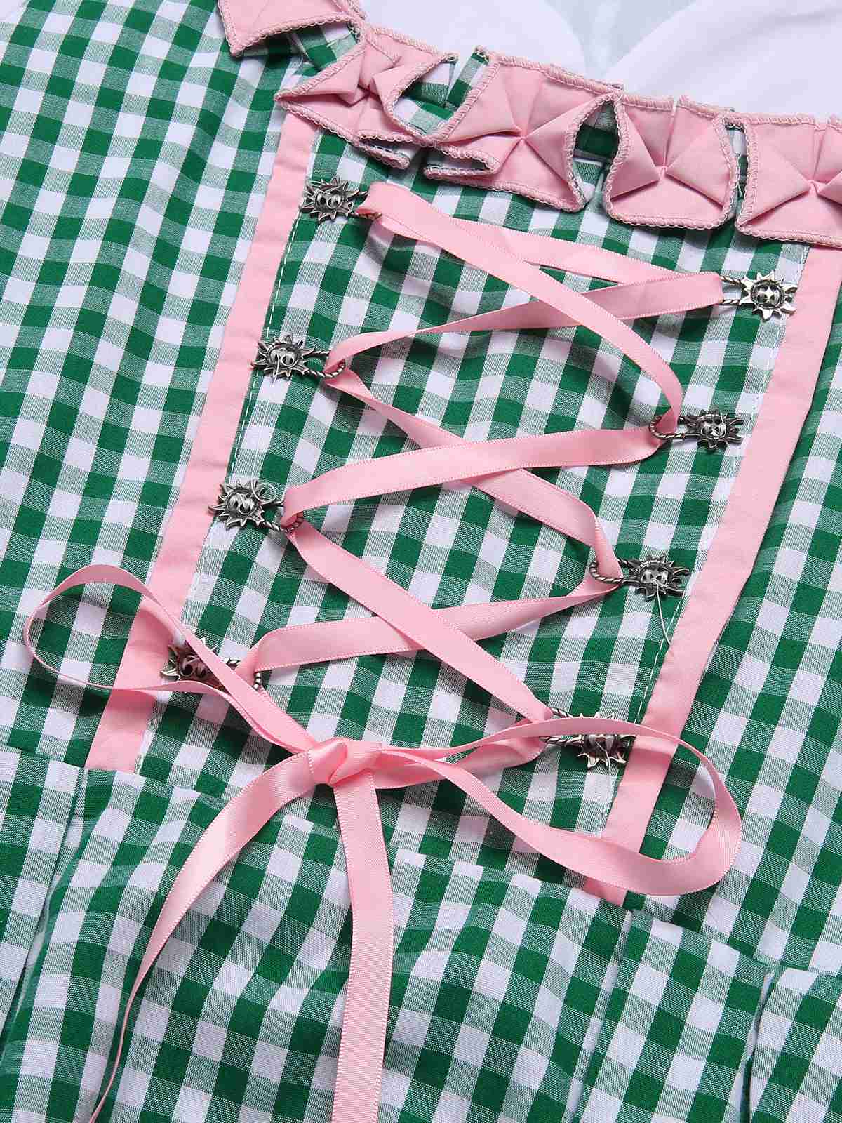 2PCS 1950er Oktoberfest Dirndl Weiß Top & Grün Plaid Kleid & Rosa Schürze