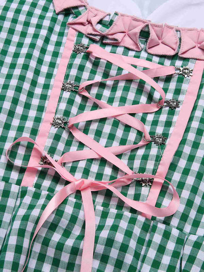 2PCS 1950er Oktoberfest Dirndl Weiß Top & Grün Plaid Kleid & Rosa Schürze