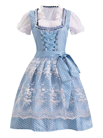 Blau 1950er Oktoberfest Dirndl Spitze Patchwork Kleid Set