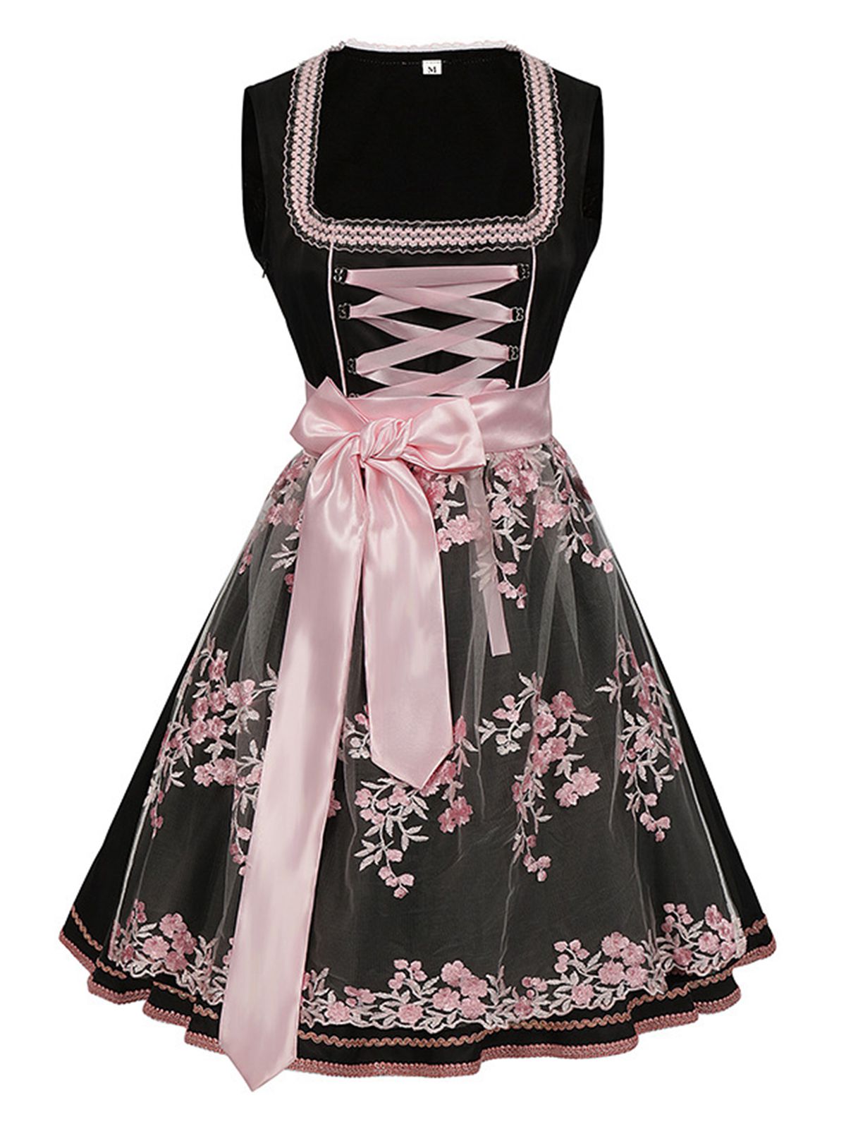 2PCS Schwarz 1950er Oktoberfest Dirndl Kleid & Bestickte Schürze