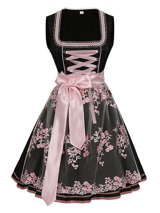 2PCS Schwarz 1950er Oktoberfest Dirndl Kleid & Bestickte Schürze