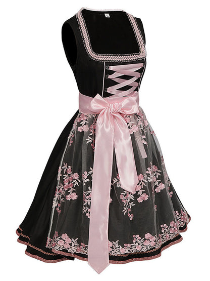 2PCS Schwarz 1950er Oktoberfest Dirndl Kleid & Bestickte Schürze