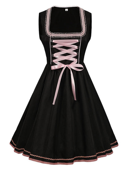 2PCS Schwarz 1950er Oktoberfest Dirndl Kleid & Bestickte Schürze