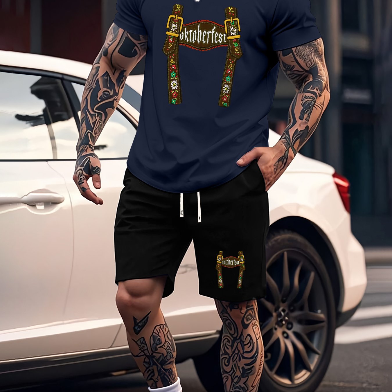 Munich Bierfestival Print Zomer Herenmode 2-delig Set, Casual Ronde Hals T-Shirt en Comfortabele Ademende Shorts Outfit