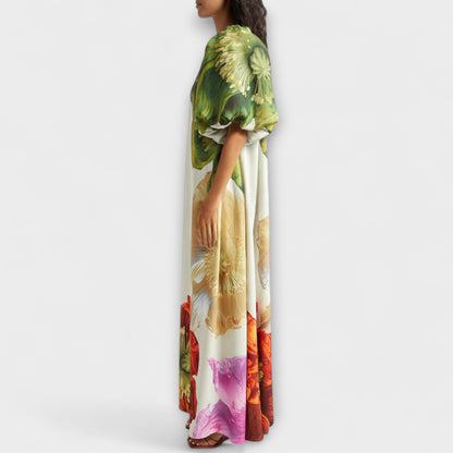 Skylar - Maxikleid mit Blumendruck, schrägem Kragen und Puffärmeln