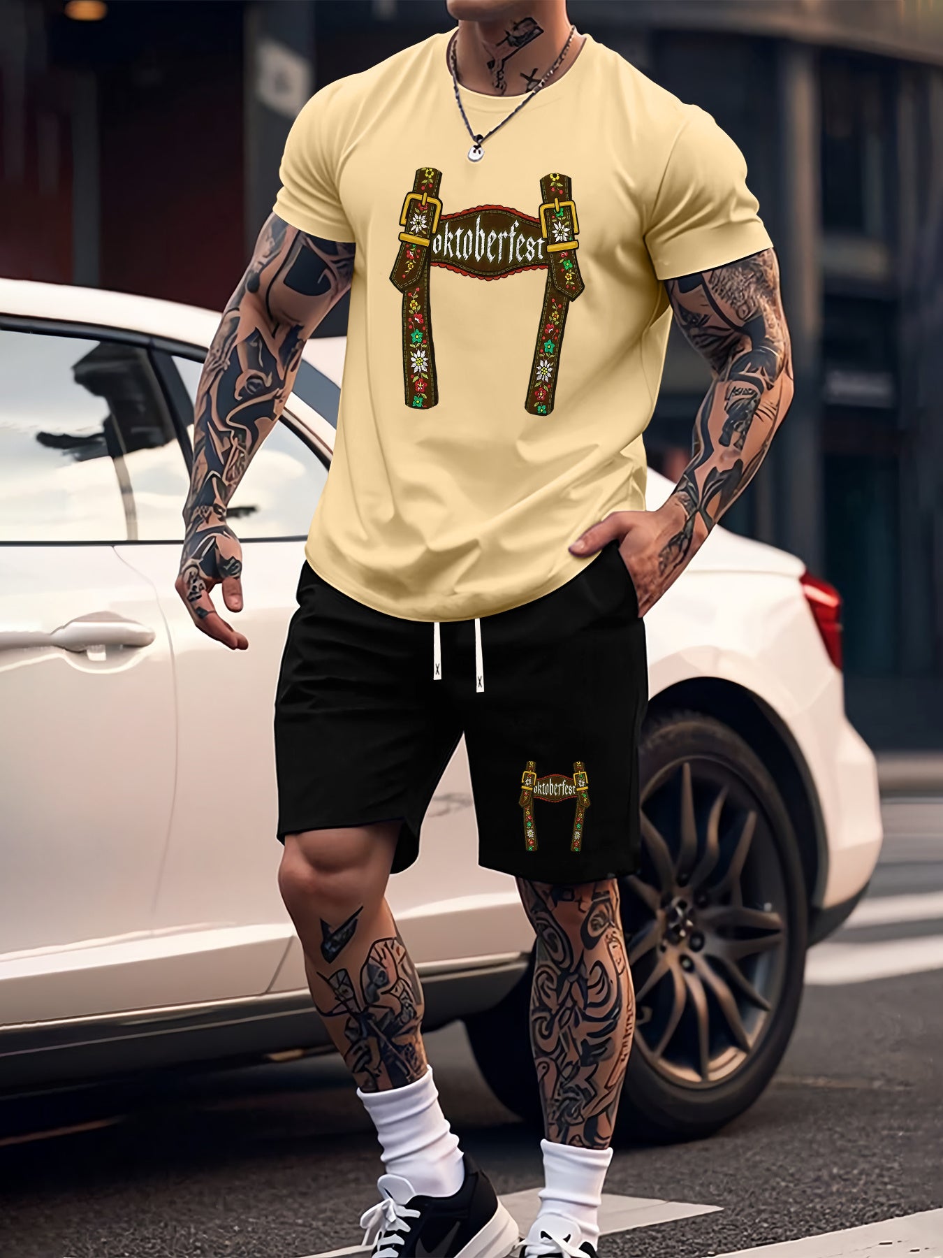 Munich Bierfestival Print Zomer Herenmode 2-delig Set, Casual Ronde Hals T-Shirt en Comfortabele Ademende Shorts Outfit