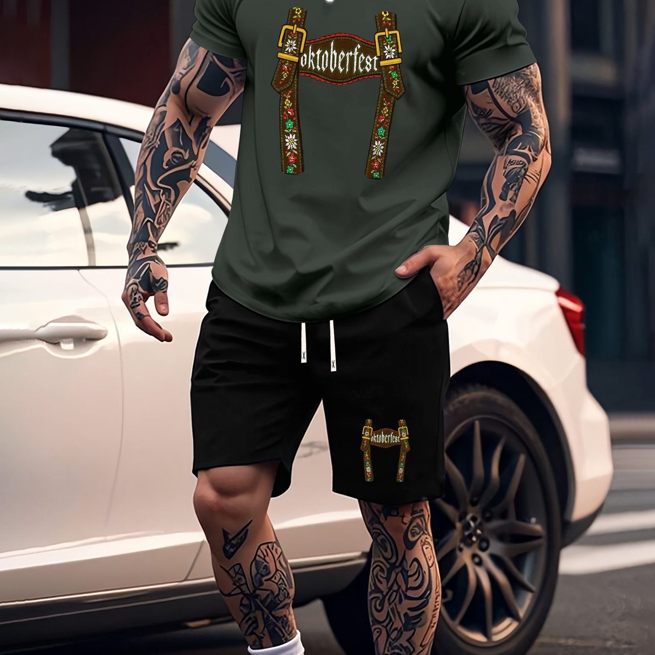 Munich Bierfestival Print Zomer Herenmode 2-delig Set, Casual Ronde Hals T-Shirt en Comfortabele Ademende Shorts Outfit