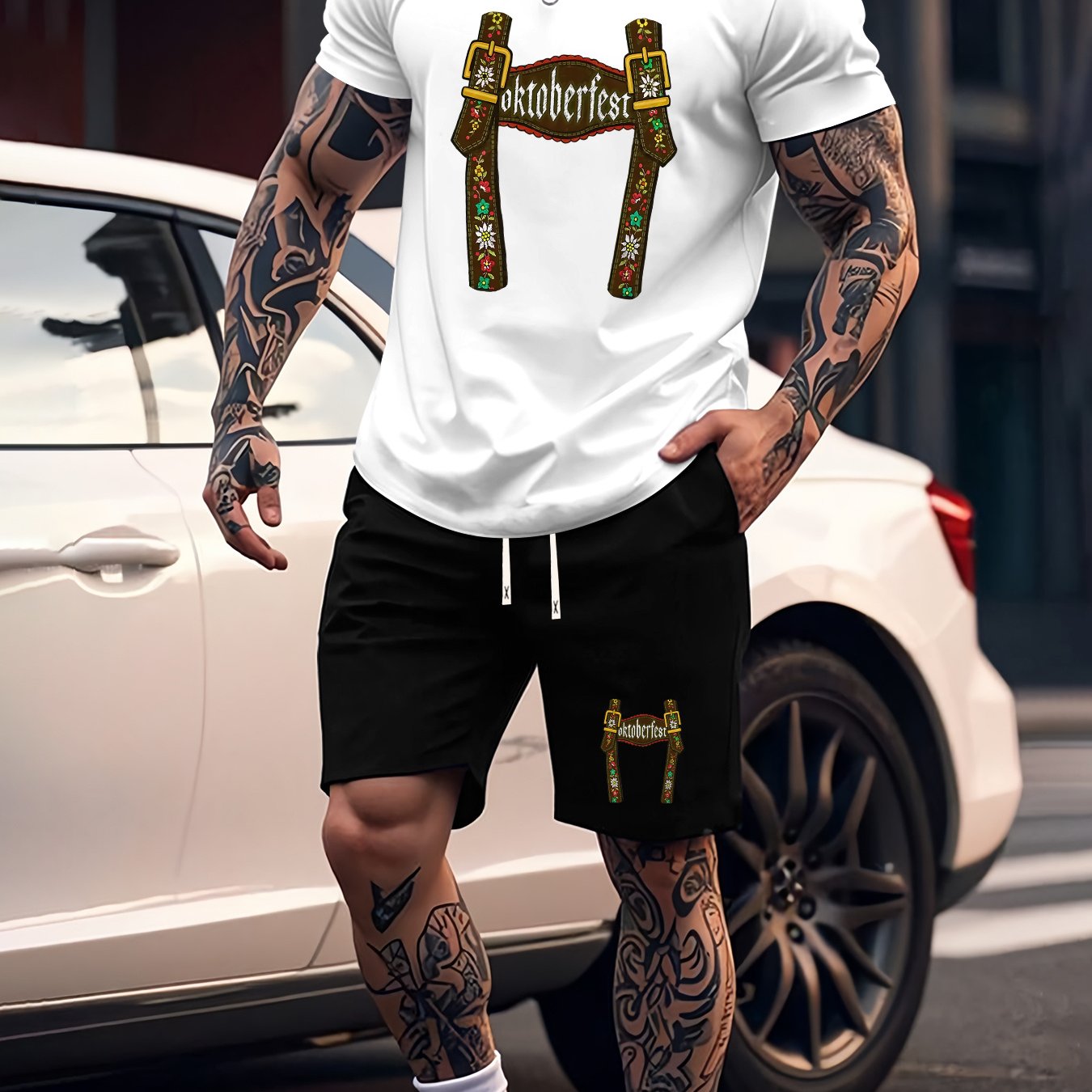 Munich Bierfestival Print Zomer Herenmode 2-delig Set, Casual Ronde Hals T-Shirt en Comfortabele Ademende Shorts Outfit