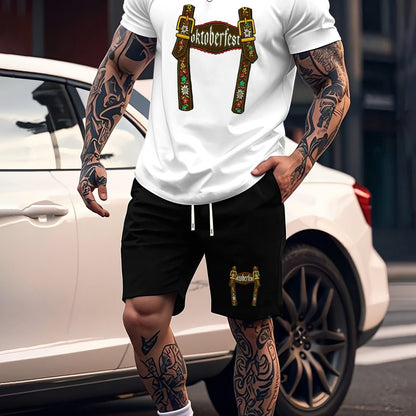 Munich Bierfestival Print Zomer Herenmode 2-delig Set, Casual Ronde Hals T-Shirt en Comfortabele Ademende Shorts Outfit