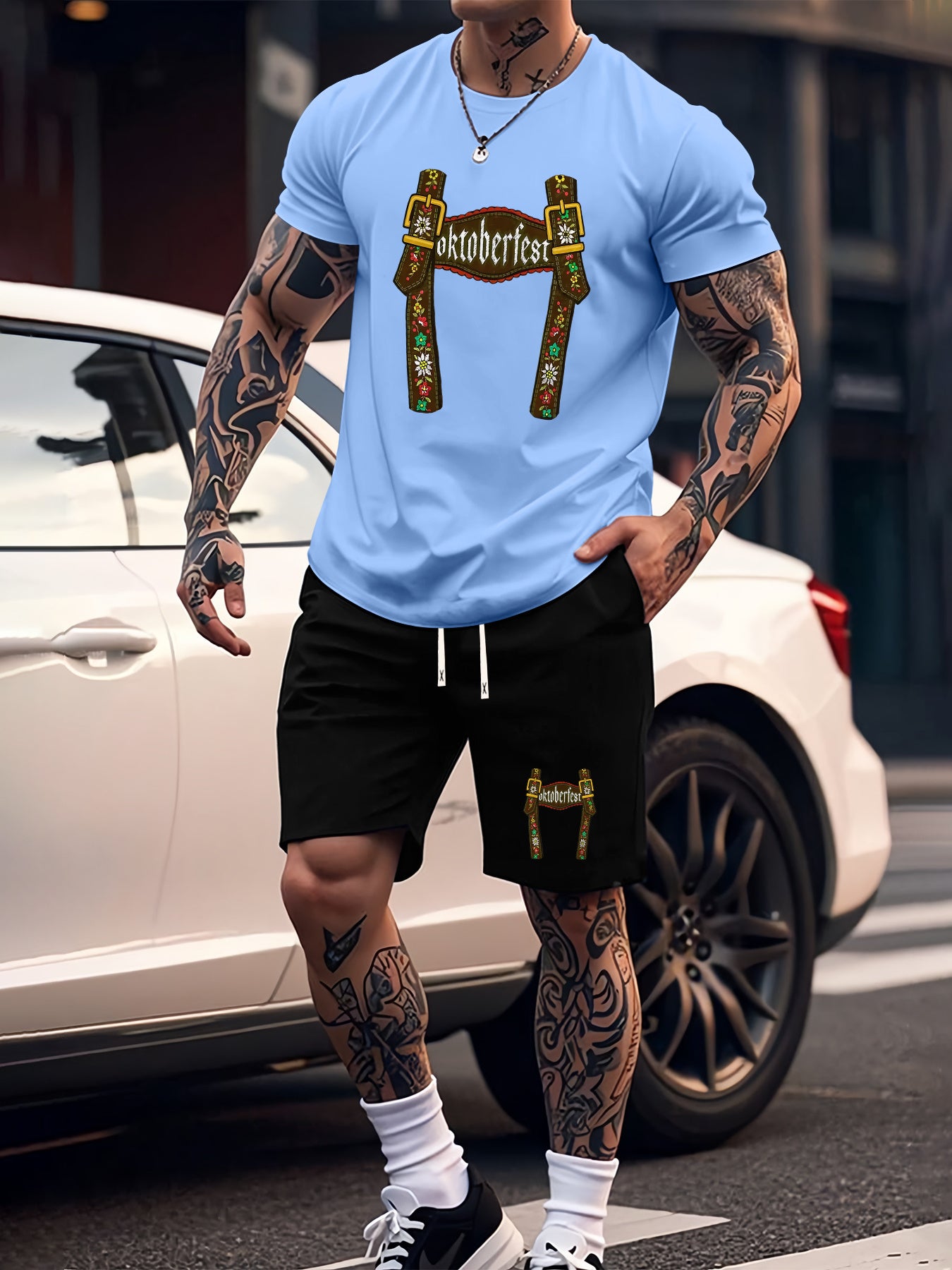 Munich Bierfestival Print Zomer Herenmode 2-delig Set, Casual Ronde Hals T-Shirt en Comfortabele Ademende Shorts Outfit