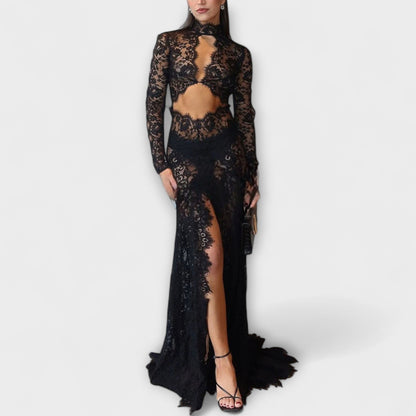 Azalee - Midnight Elegance Transparente Cutout Langarm Stretch Maxikleid