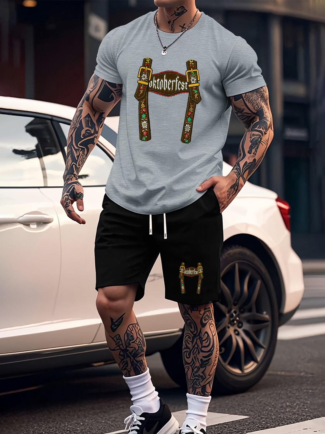 Munich Bierfestival Print Zomer Herenmode 2-delig Set, Casual Ronde Hals T-Shirt en Comfortabele Ademende Shorts Outfit
