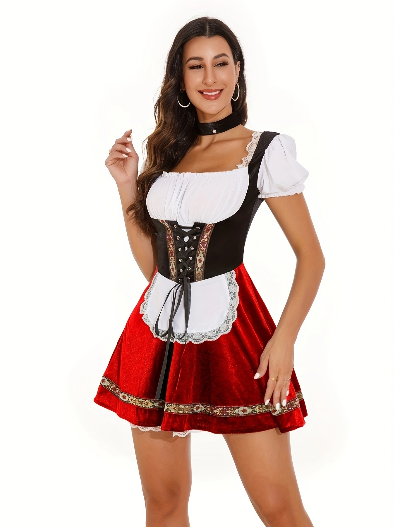 Oktoberfest Dirndl Kleid – Traditionell mit Schürze (Rot & Grün)