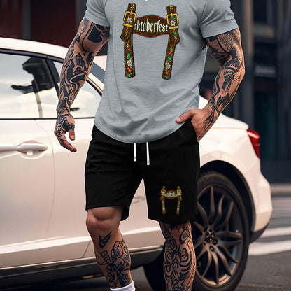 Munich Bierfestival Print Zomer Herenmode 2-delig Set, Casual Ronde Hals T-Shirt en Comfortabele Ademende Shorts Outfit