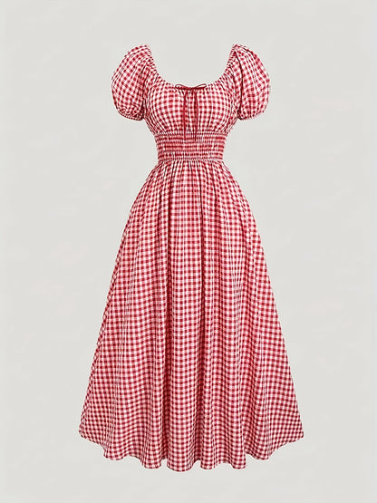 Oktoberfest Maxi Kleid – Kariert in Blau & Rot