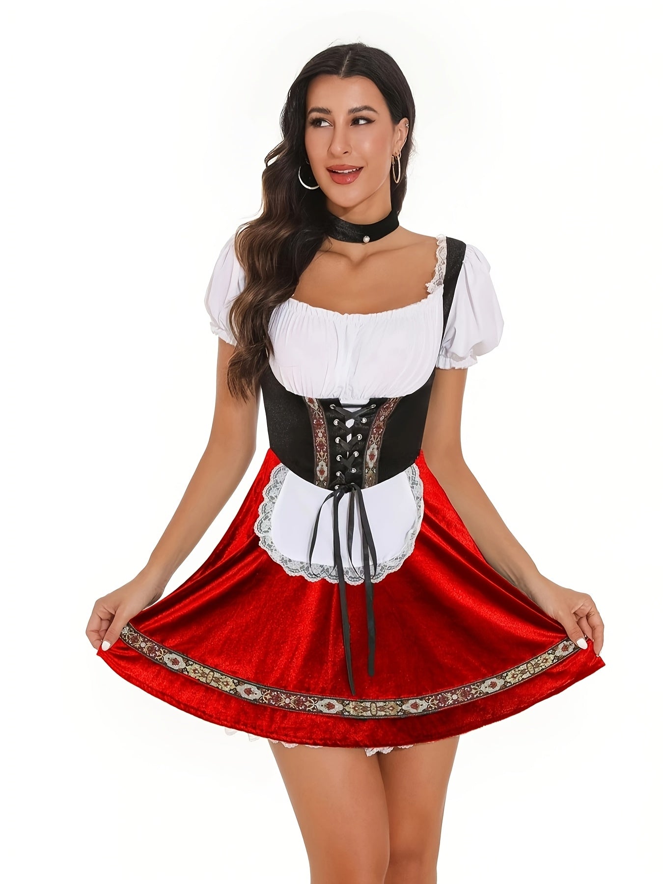 Oktoberfest Dirndl Kleid – Traditionell mit Schürze (Rot & Grün)