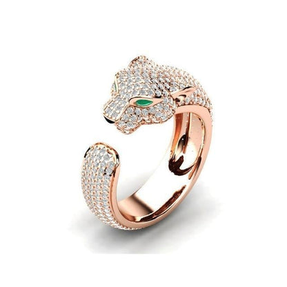 Verstellbarer Jaguar-Ring aus Silber und Roségold (18K) mit grünen Zirkonia-Augen
